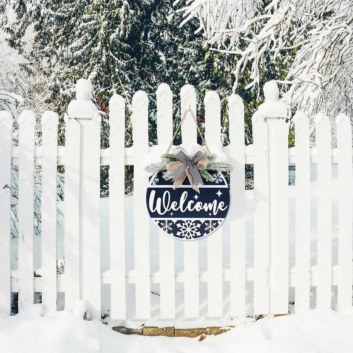 CHDITB Blue Welcome Winter Front Door Sign Wreath(11.4”), Wooden 3D Welcome Home Decoration Wall