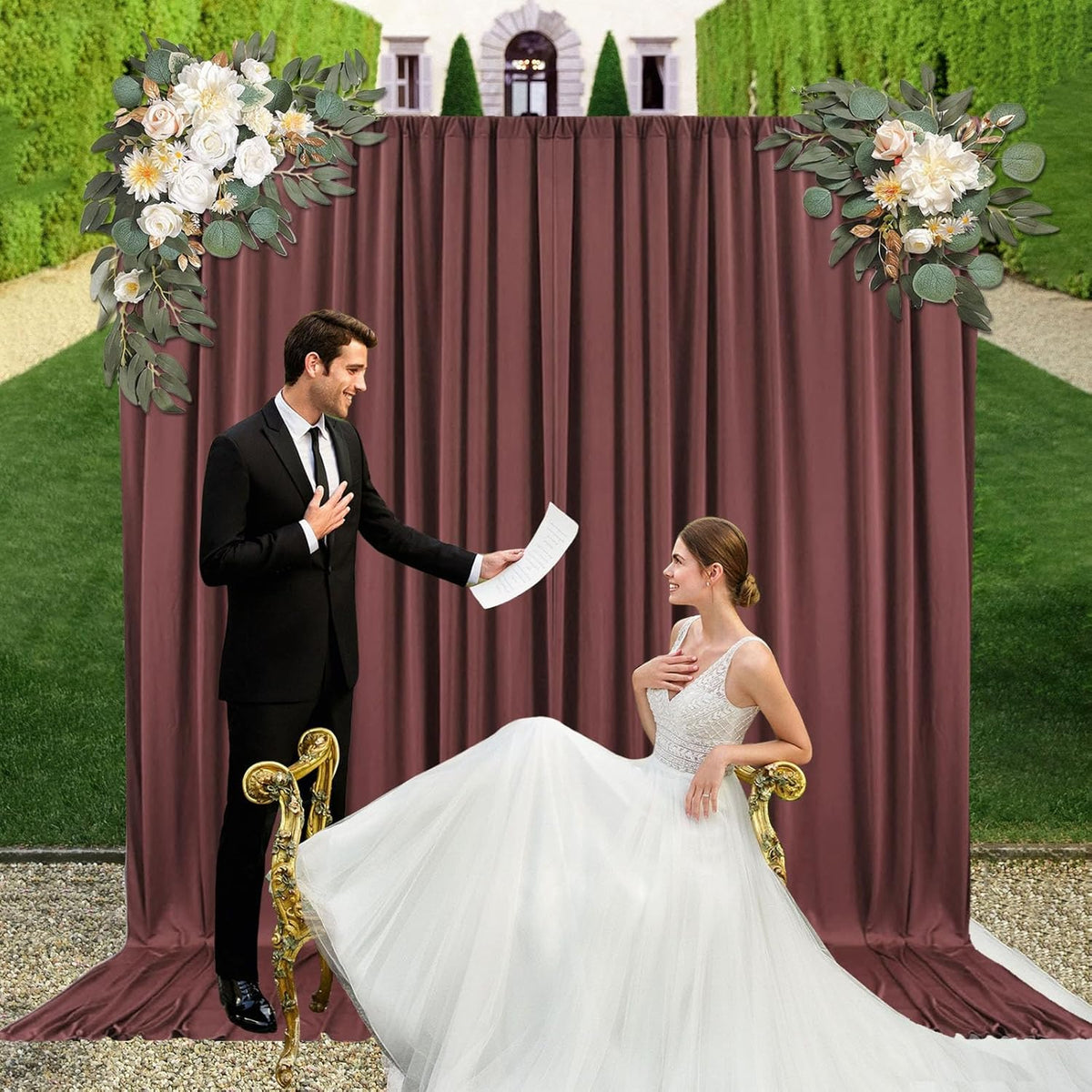 10ft x 10ft Red Brown Backdrop Curtains for Parties, Fabric Satin Background Curtain with Rod
