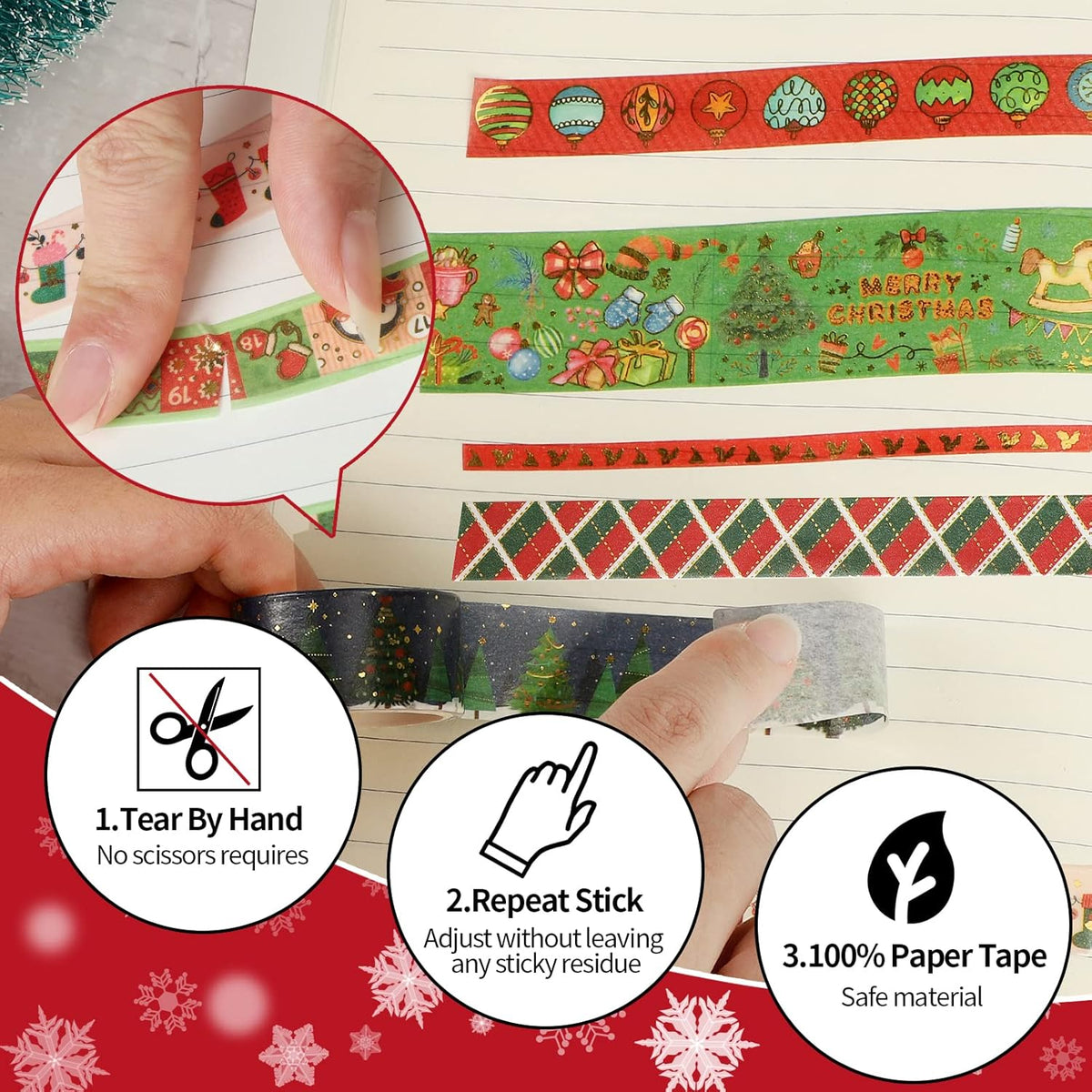 16 Rolls Christmas Washi Tape Holiday Masking Tape 4 Sizes Red Green Christmas Wrapping Tape Glod