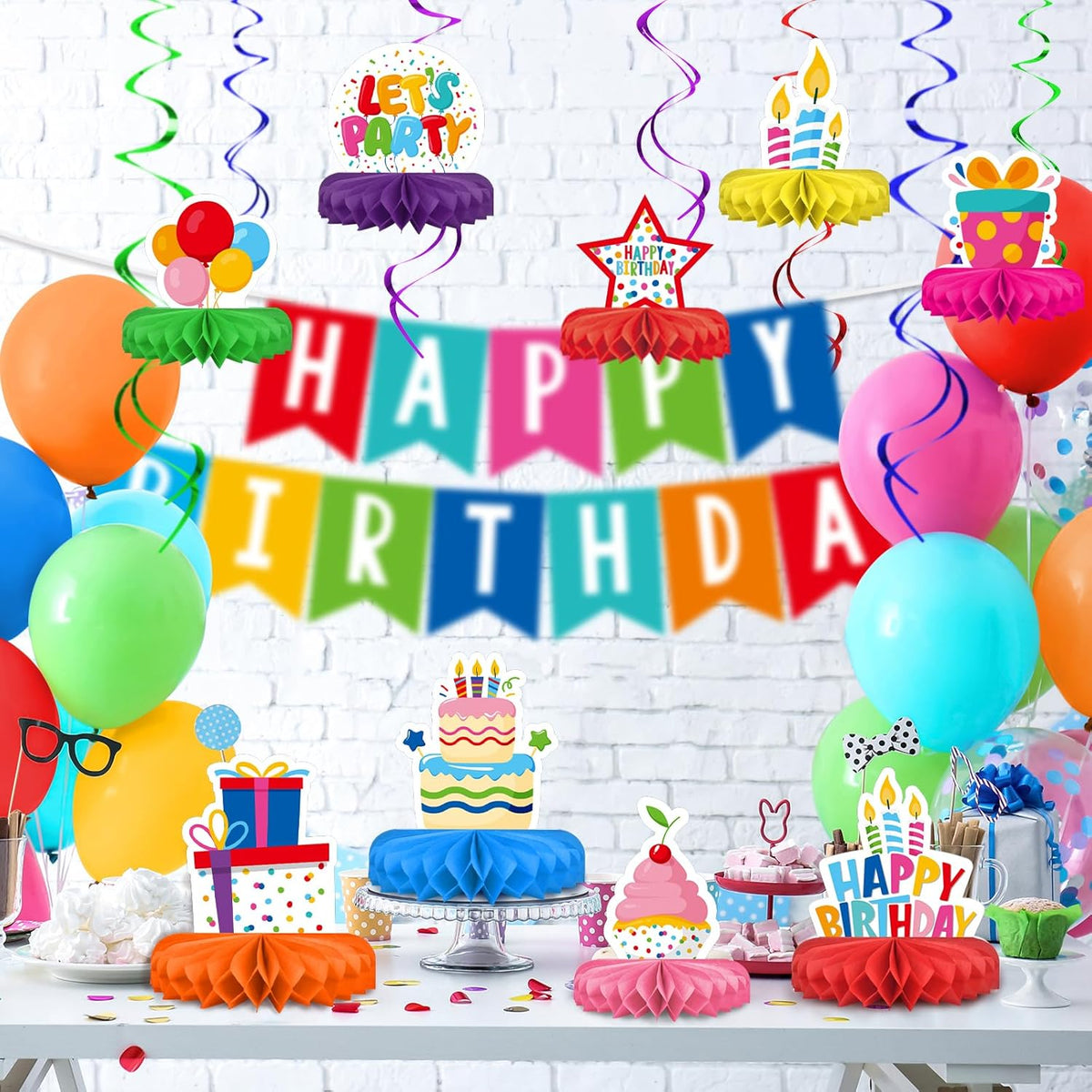Happy Birthday Decorations Set - Colorful Themed Honeycomb Centerpiece, Table Decoration for Kids'