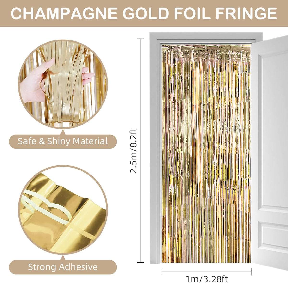 Champagne Gold Fringe Curtain Party Streamers, 12 Pack 3.3ft x 8.2ft Foil Curtain Backdrop Tinsel
