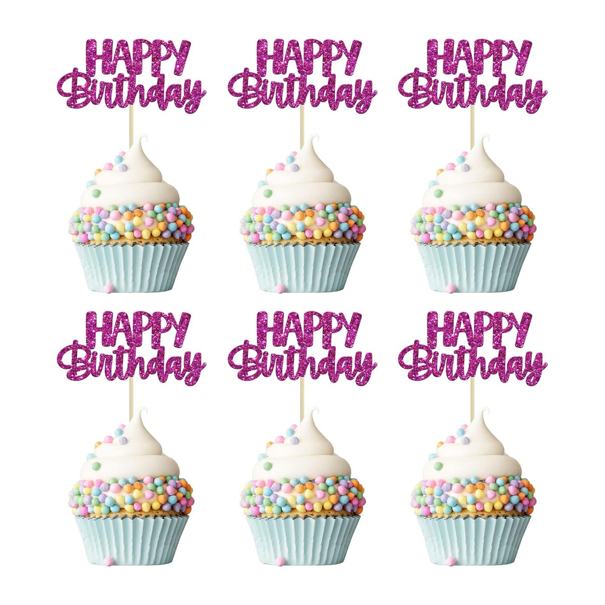 Gyufise 24Pcs Happy Birthday Cupcake Toppers Glitter Birthday Cupcake Food Picks for Celebrating