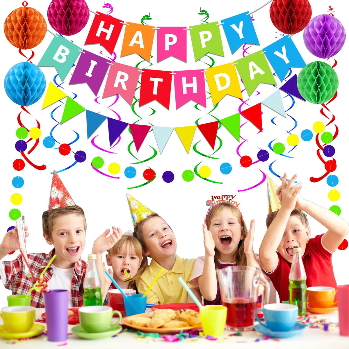 Fecedy Happy Birthday Banner With Colorful Paper Flag Bunting Paper Circle Confetti Garland Swirl