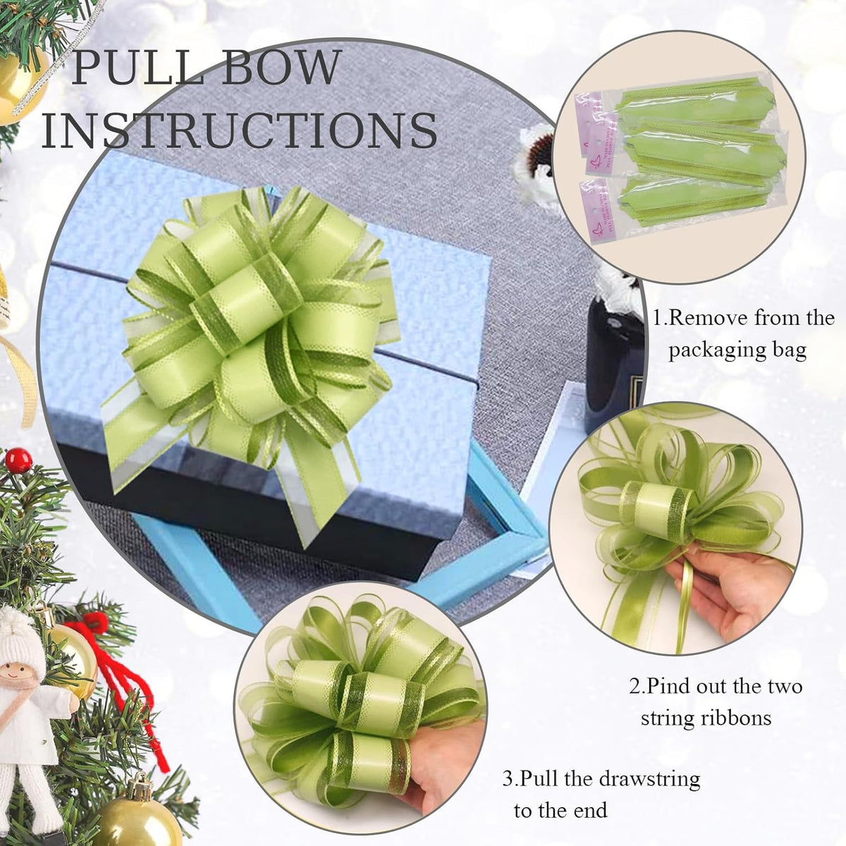 6 Count Large Pull Bows, 6 inches, Organza, Modern, Christmas, Wedding, Valentine's Day, Bean