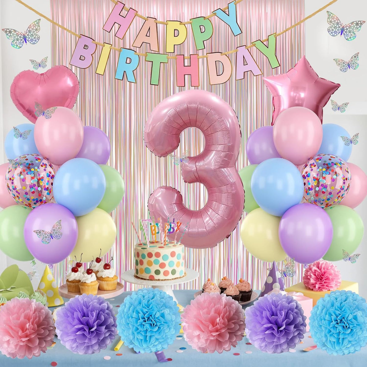 Pastel 3rd Birthday Party Decorations for Girls Number 3 Balloon Happy Birthday Banner Butterfly