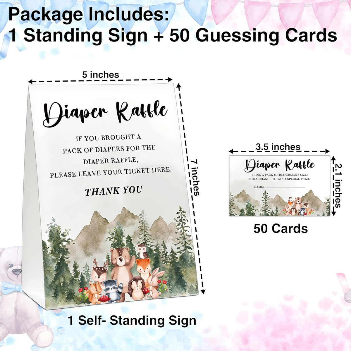 Woodland Baby Shower Game, Jungle Animal Safari 50 Diaper Raffle Tickets with 1 Standing Sign for
