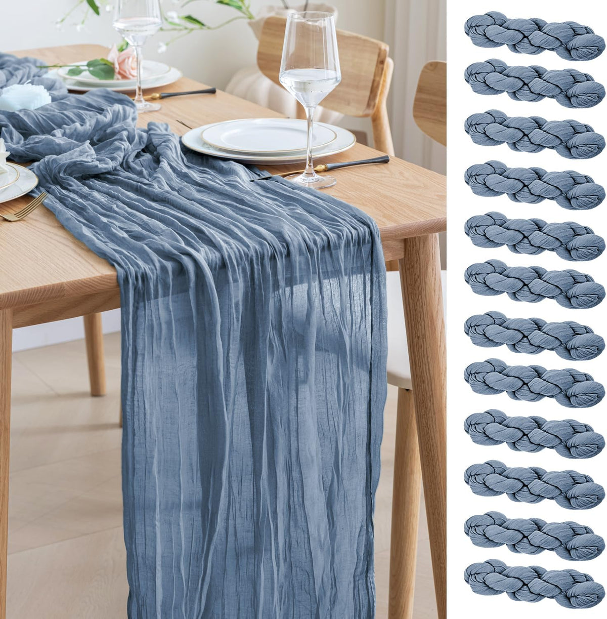 Asee'm 12pcs Cheesecloth Table Runner 120 Inches Long Dusty Blue Boho Gauze Cheese Cloth Runner