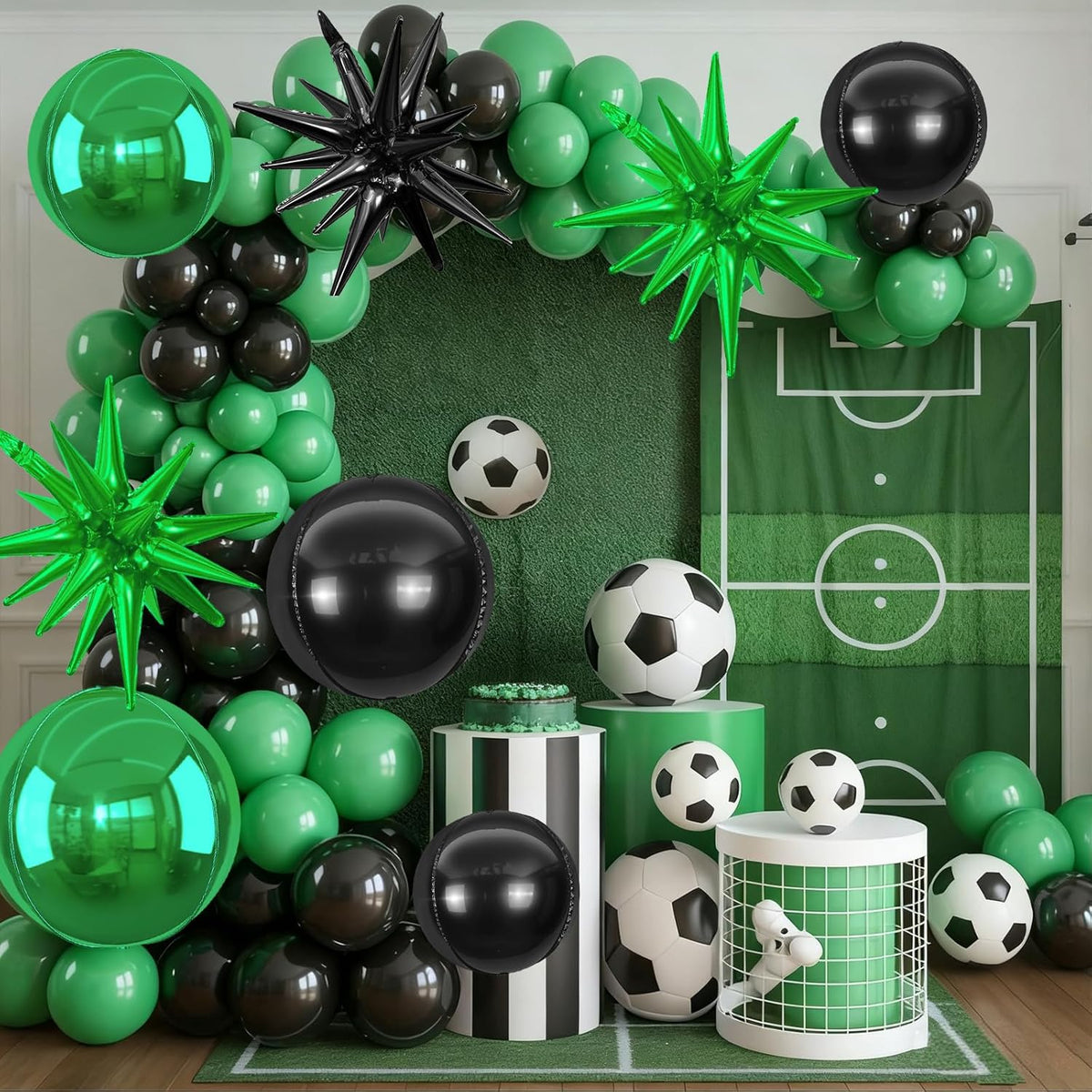 6Pcs Black Green Foil Balloons,22Inch Black Green 4D Round Ball Balloon and Explosion Star Balloon