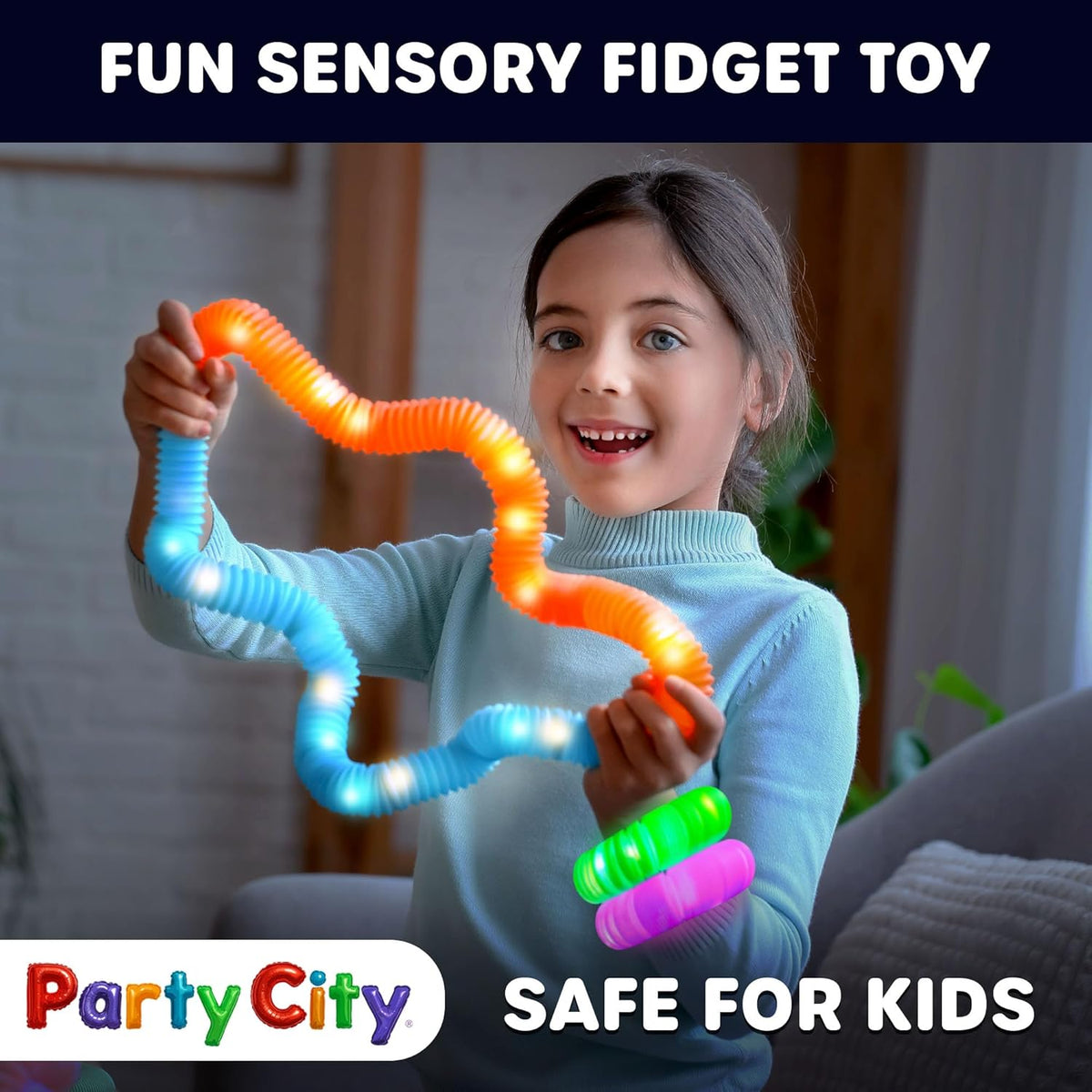 Party City 12pk LED Light Up Pop Tubes 25”- 3 Mode Stretchy Tubes LED Light Up Toys Bulk Glow