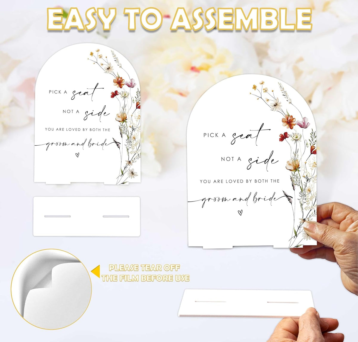 Boho Floral Pick a Seat Not a Side Sign, 6 x 8 Inch White Arch Acrylic Wedding Sign with Holder