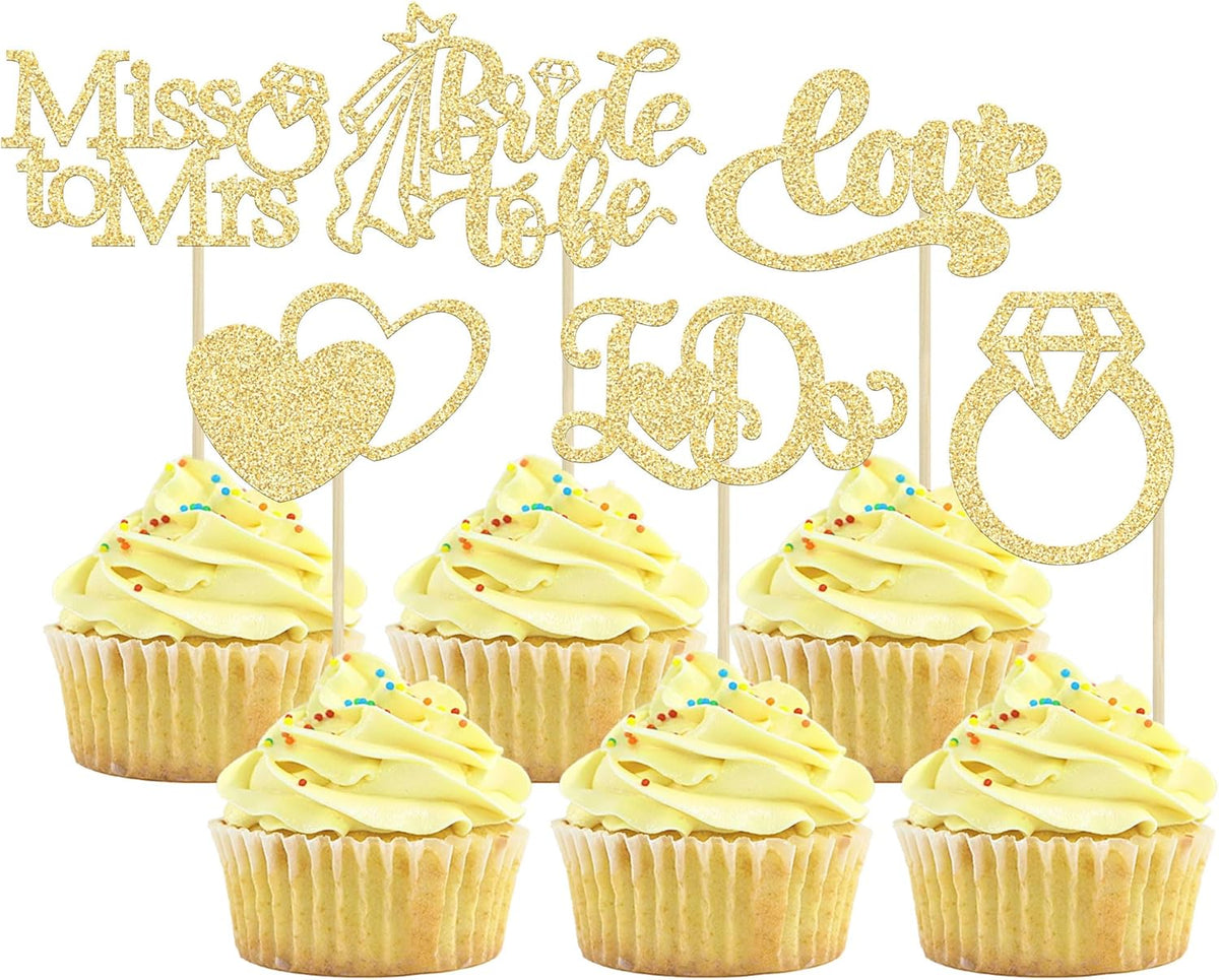 Gyufise 24Pcs Bride to Be Cupcake Toppers Gold Glitter I Do Love Heart Ring Miss To Mrs Cupcake