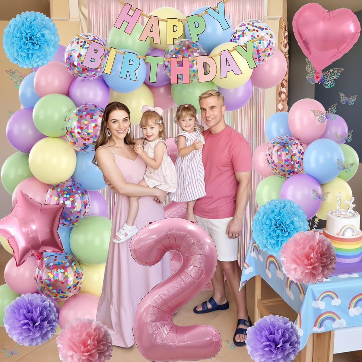 Pastel 2nd Birthday Party Decorations for Girls Number 2 Balloon Happy Birthday Banner Butterfly