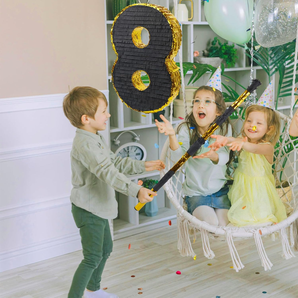 PCFING 20 Inch Number 8 Piñata Gold Black with 30 Inch Piñata Stick Blindfold Confetti for Man
