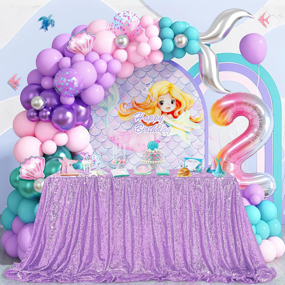 QueenDream Tablecloth 90x156 Rectangle Sequin Tablecloth Lavender Wedding Table Linens Glitter