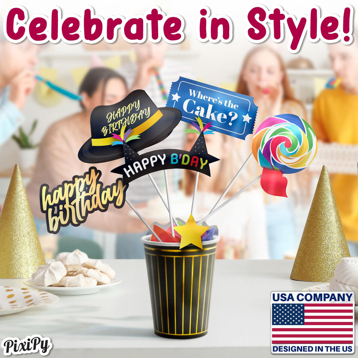 Premium Birthday Photo Booth Props Kit - 54 pc, Multicolored - Happy Birthday Party Fun Photobooth