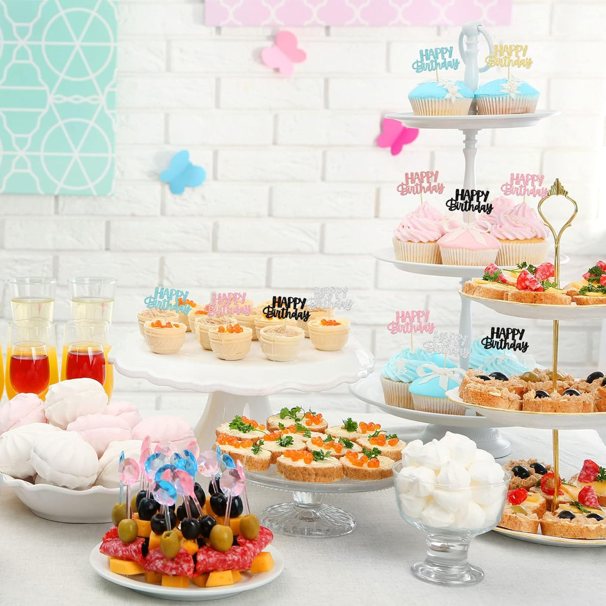Gyufise 24Pcs Happy Birthday Cupcake Toppers Glitter Birthday Cupcake Food Picks for Celebrating