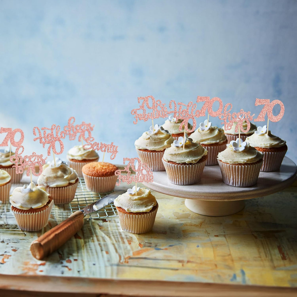 30Pcs Happy 70th Birthday Cupcake Toppers Seventy Cheers to 70 Years Old Birthday Cupcake Picks for
