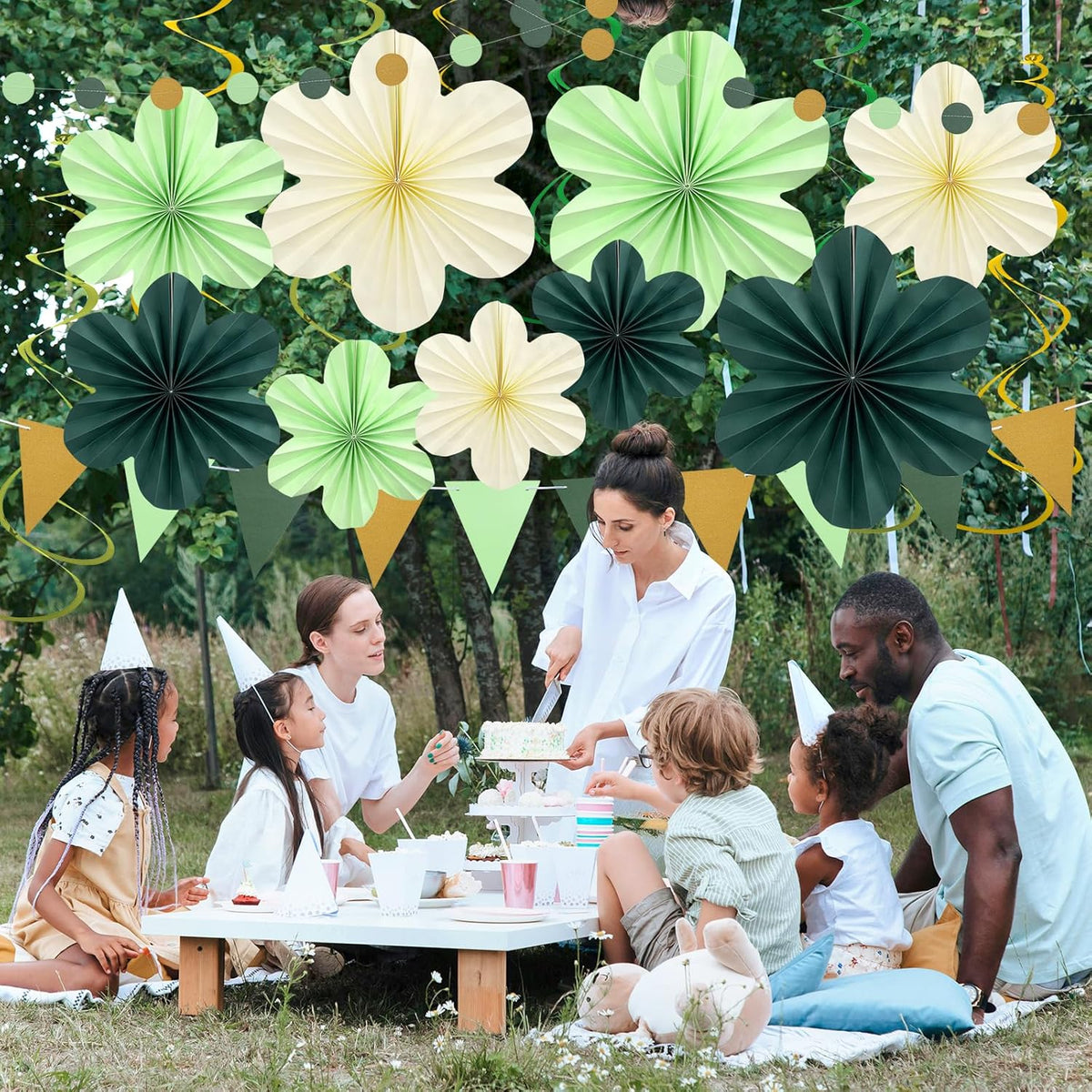 Sage Green Birthday Decoration, Plant Birthday Decorations with Hanging Paper Flowers, Tassel
