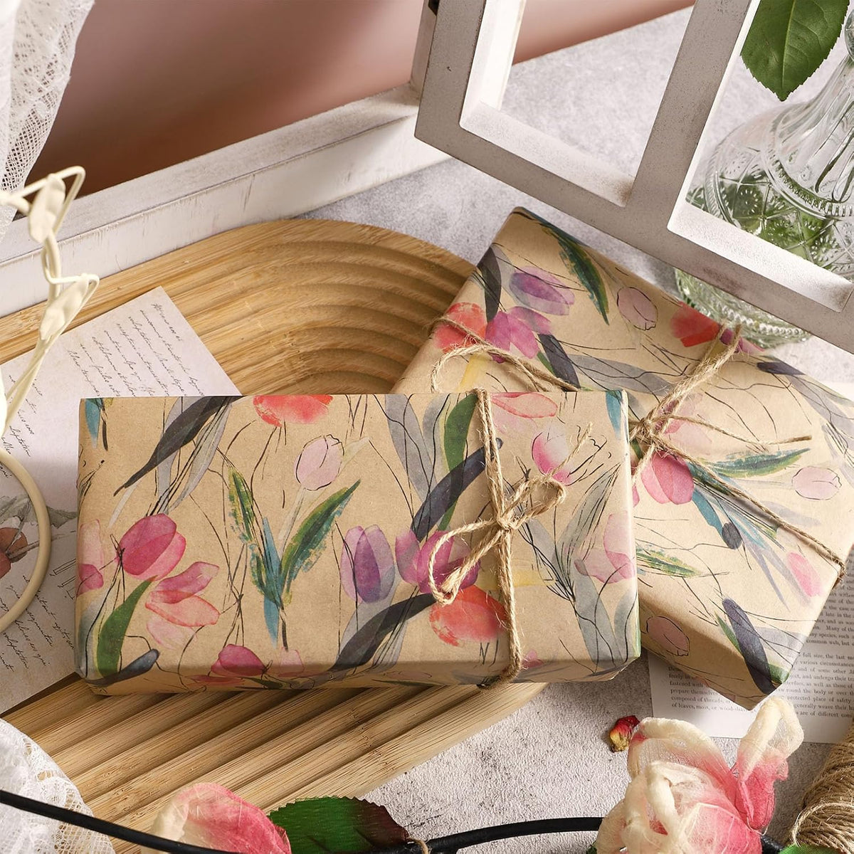 RUSPEPA Tulips Floral Wrapping Paper Roll, Watercolor Gift Wrap, Mini Roll Kraft Paper Roll for
