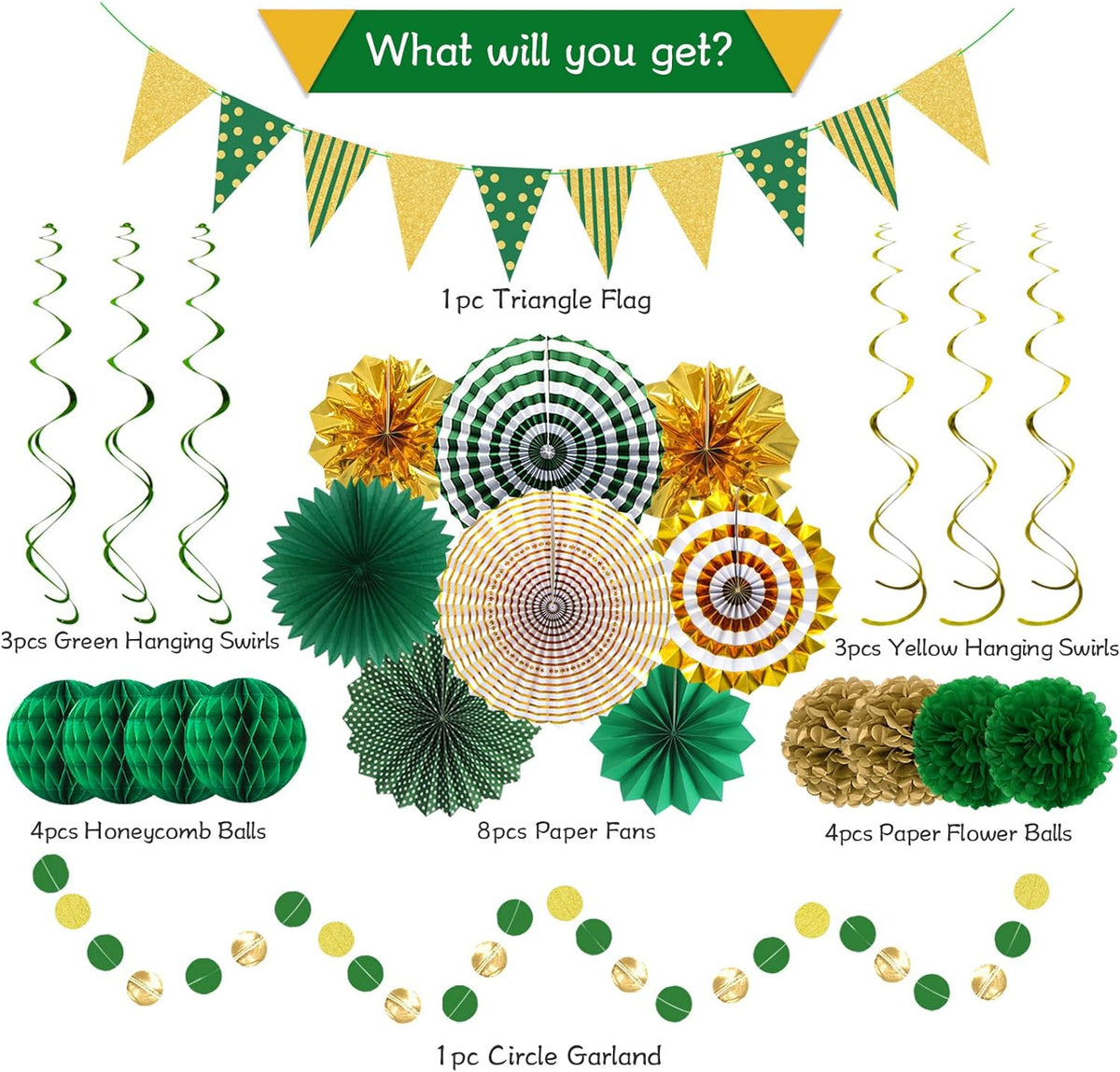 Green Gold Party Decorations Paper Fans, Graduation Season Hanging Glitter Triangle Flags Banner