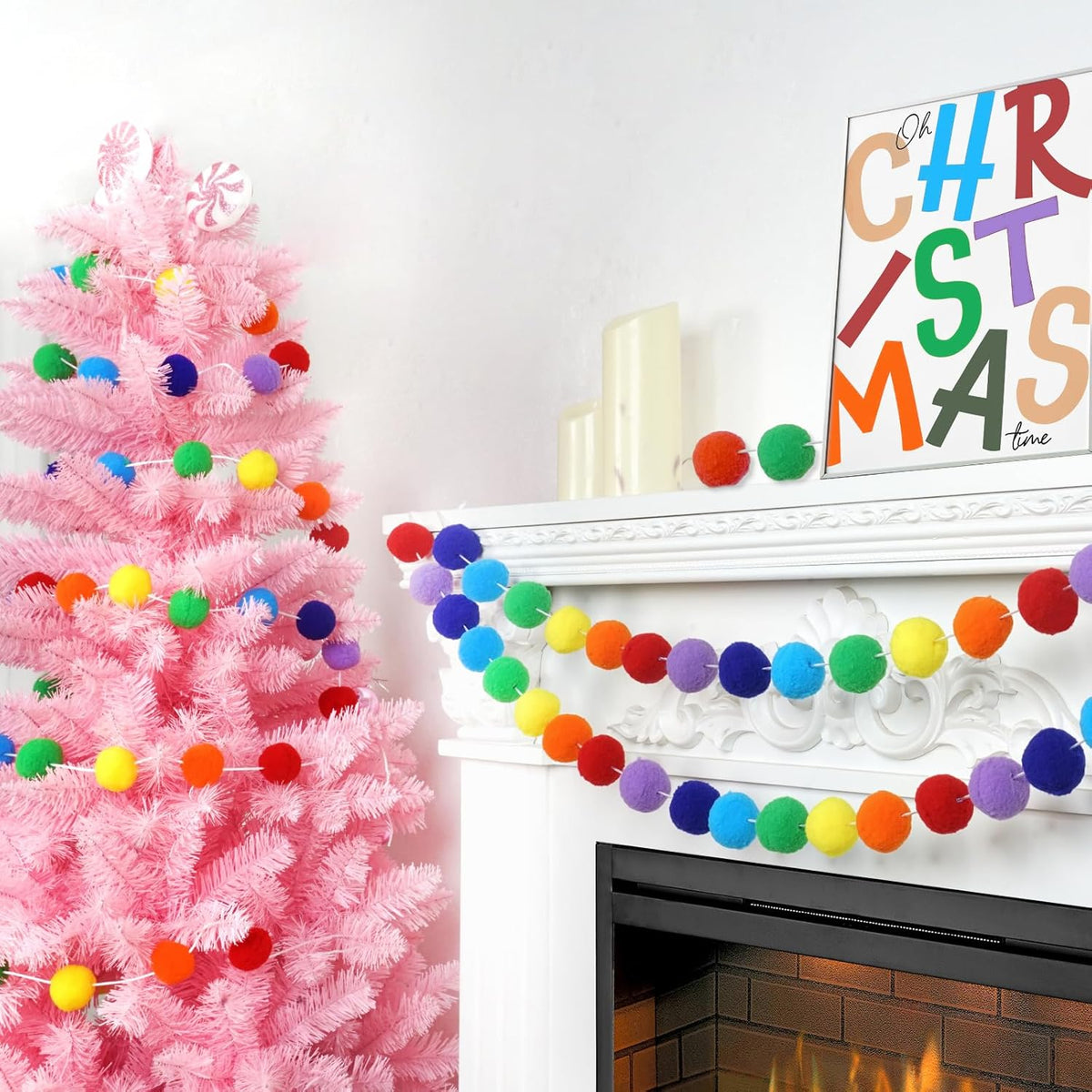 TBD Decor 2pk Rainbow Color Pom Pom Garland 13FT Colorful Large Felt Ball Garland for Mantle,Indoor