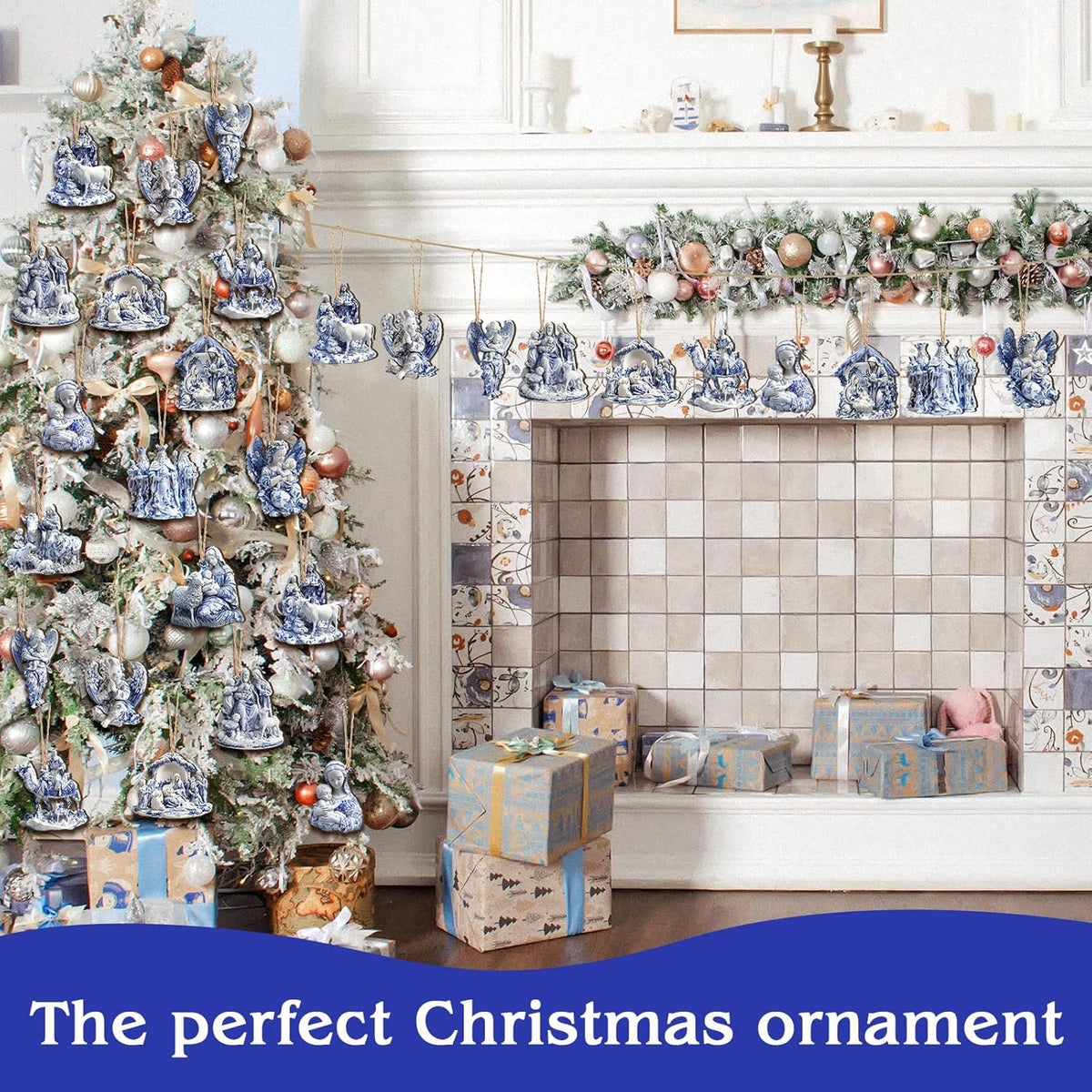 Suzile 36 Pcs Christmas Wooden Ornaments Nativity Scene Tree Decorations Vintage Blue and White