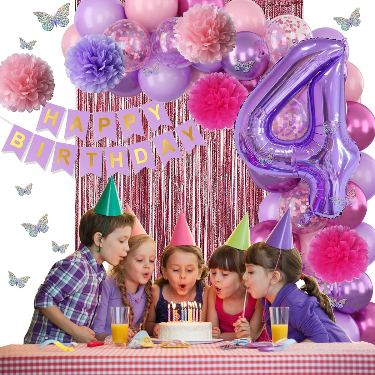 Pink Purple 4th Birthday Party Decorations for Girls Number 4 Balloon Happy Birthday Banner