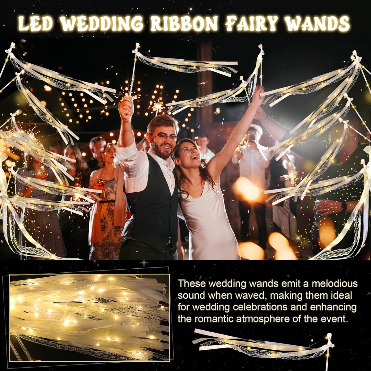 100 Pcs Wedding Wands Ribbon with 3 Colorful Flashing Modes, Light up LED Silk Fairy Wands, Glow