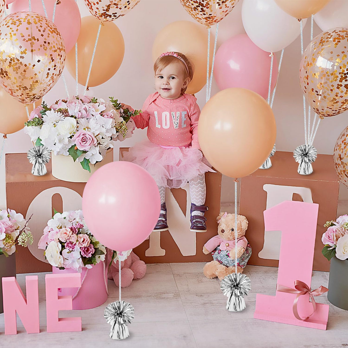 24 PCS Balloon Weights Metallic Anchor, Balloon Holder Heavy Weights with and 1 Roll Iridescent