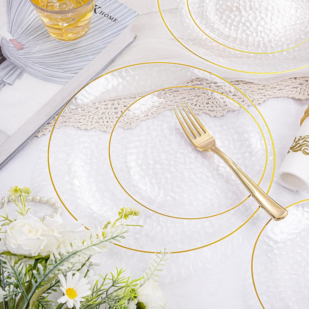 Rubtlamp 175 Pcs Plastic Dinnerware Set (25 Guests), Clear And Gold Plastic Plates, Hammered Party