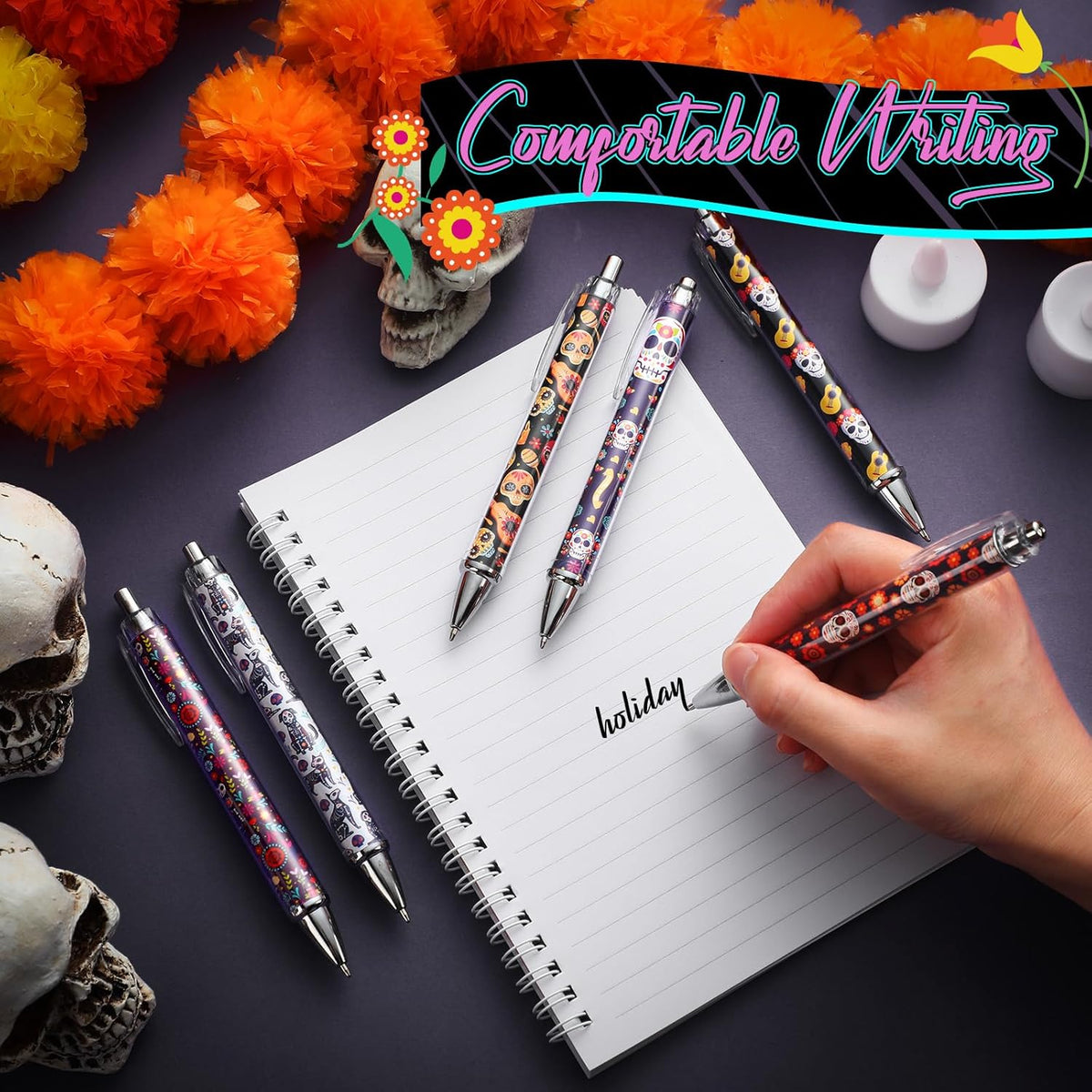 24 Pcs Day of the Dead Gifts Pens Dia De Muertos Party Favors Skull Ballpoint Pen Halloween Party