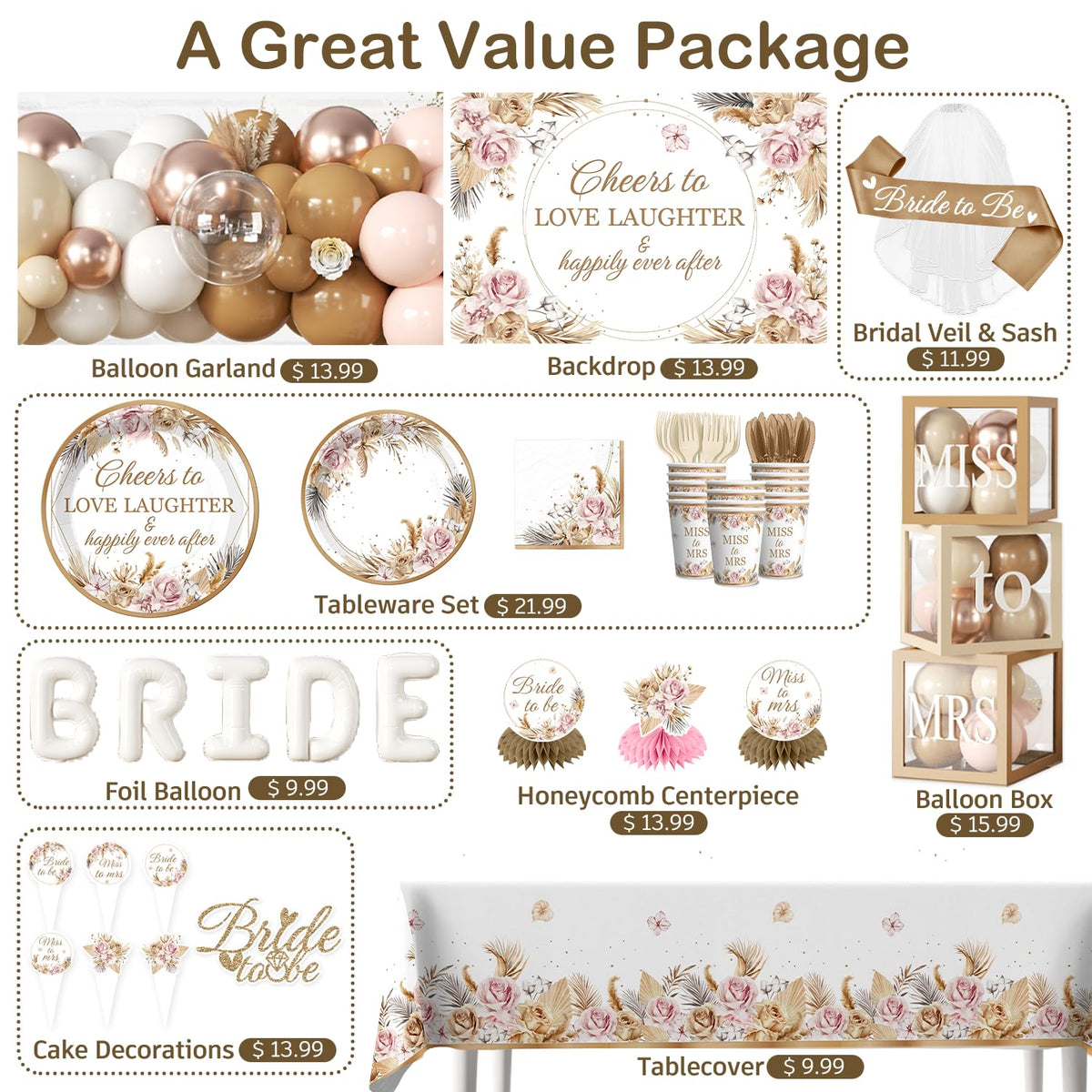 cocomigo 301pcs Boho Bridal Shower Decorations Complete Party Set 25 Guests