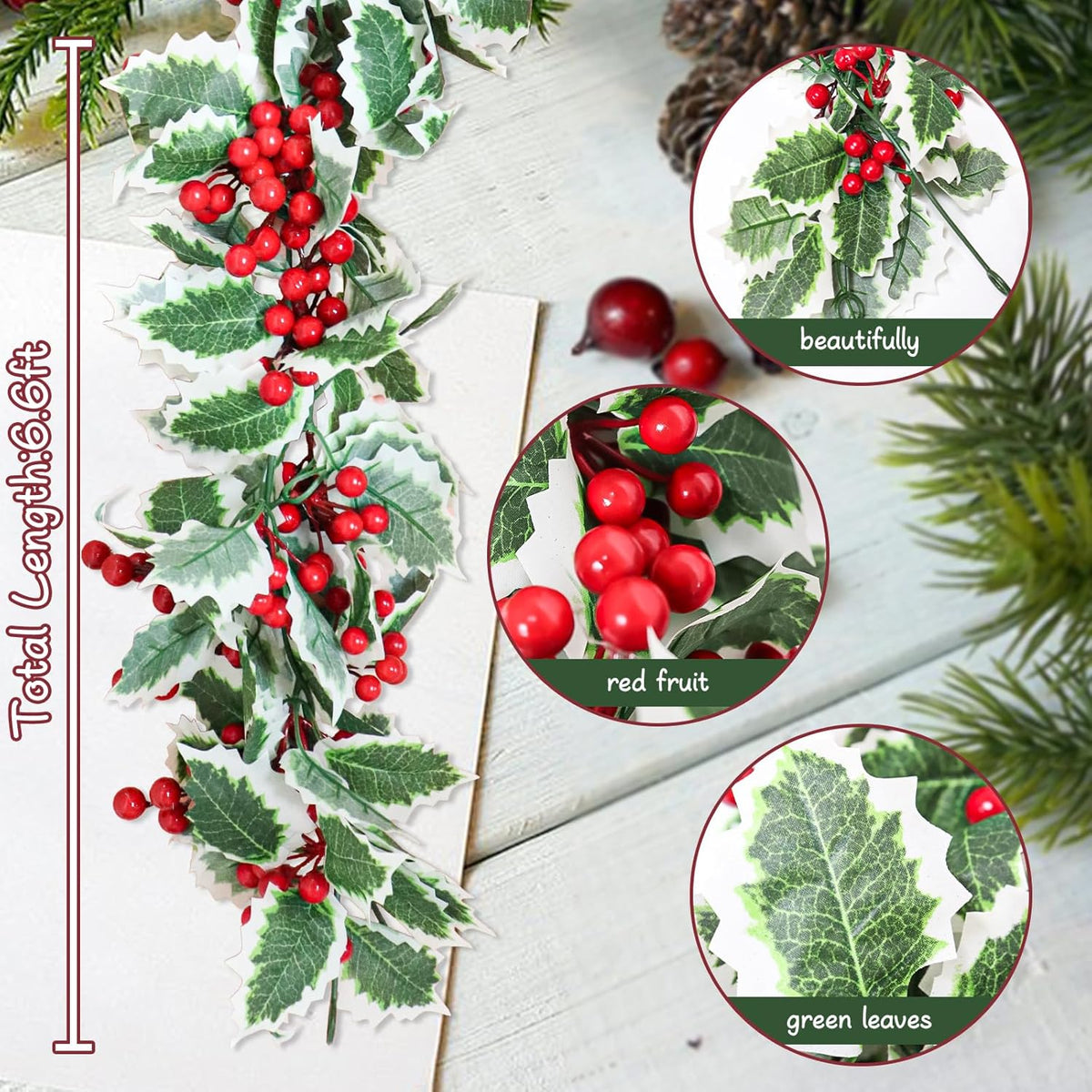 MAKHOT 6Ft Eucalyptus Garland, Green Leaves Wreath Vines Garlands Decorations, Artificial Red Berry