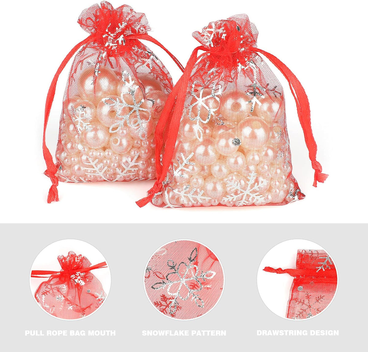 jijAcraft 3x4 Inch Christmas Organza Bags - 50Pcs Red Snowflake Gift Bags with Drawstring, Xmas