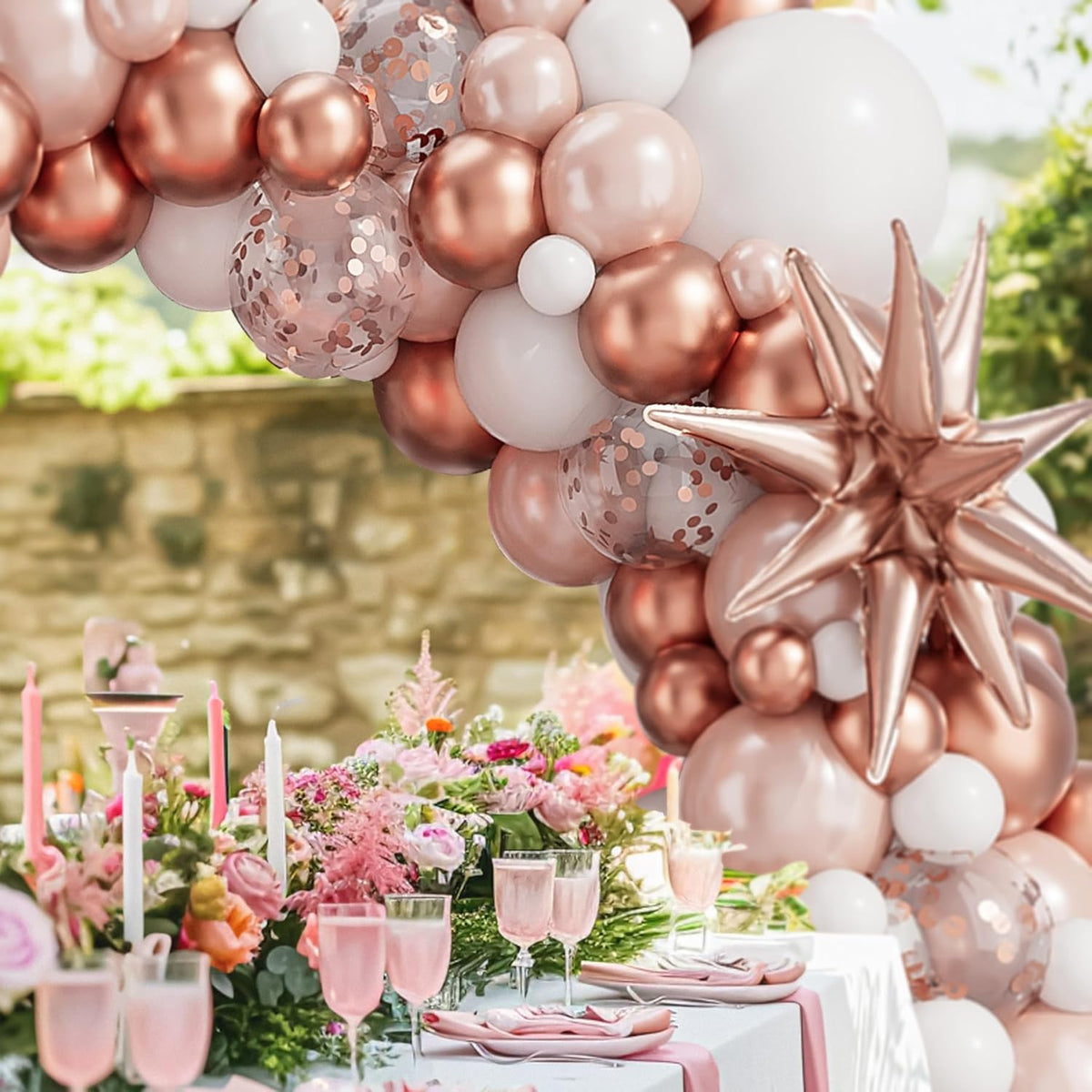 Rose Gold White Balloons Garland Arch Kit,142PCS Metallic Confetti Latex Metal Balloons Aluminum