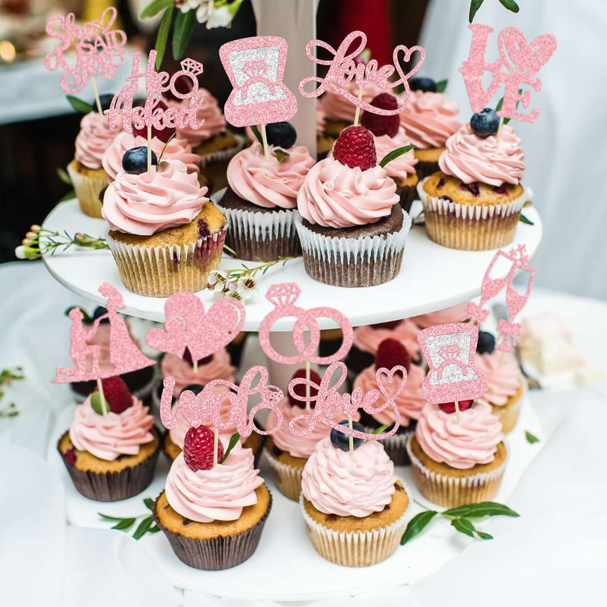 Ephlyn 30Pcs He Asked She Said Yes Cupcake Toppers Glitter Engagement Cupcake Toppers Diamond Ring