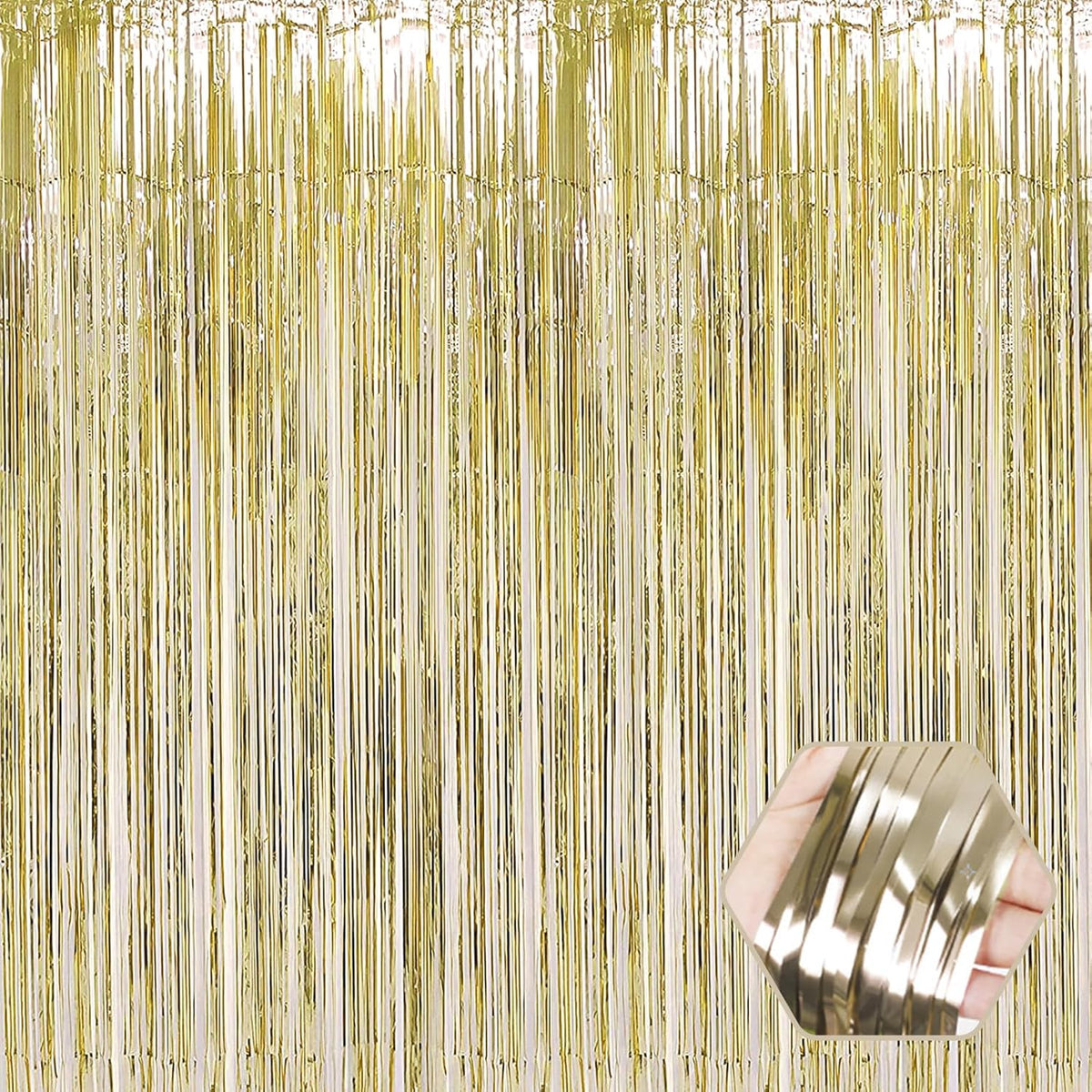 3 Pack Light Gold Foil Fringe Curtain Backdrop, 3.28Ft x 8.2Ft Metallic Tinsel Foil Fringe Streamer