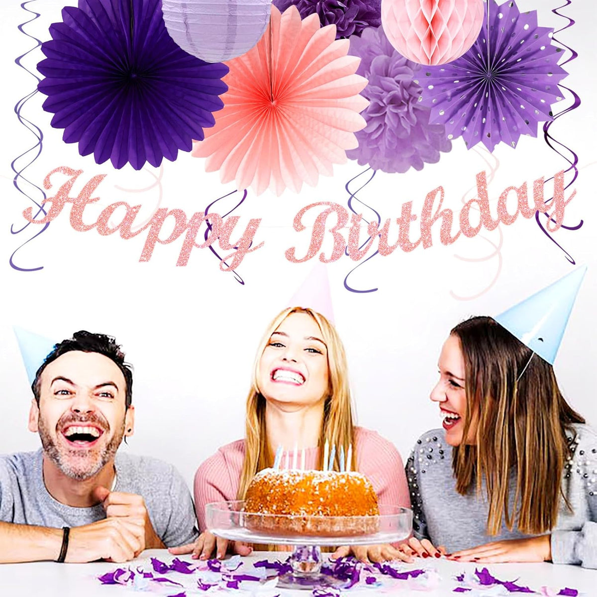 Purple Lilac-Lavender Pink Women Birthday Party-Decorations - 21pcs Happy Banner,Paper Lanterns