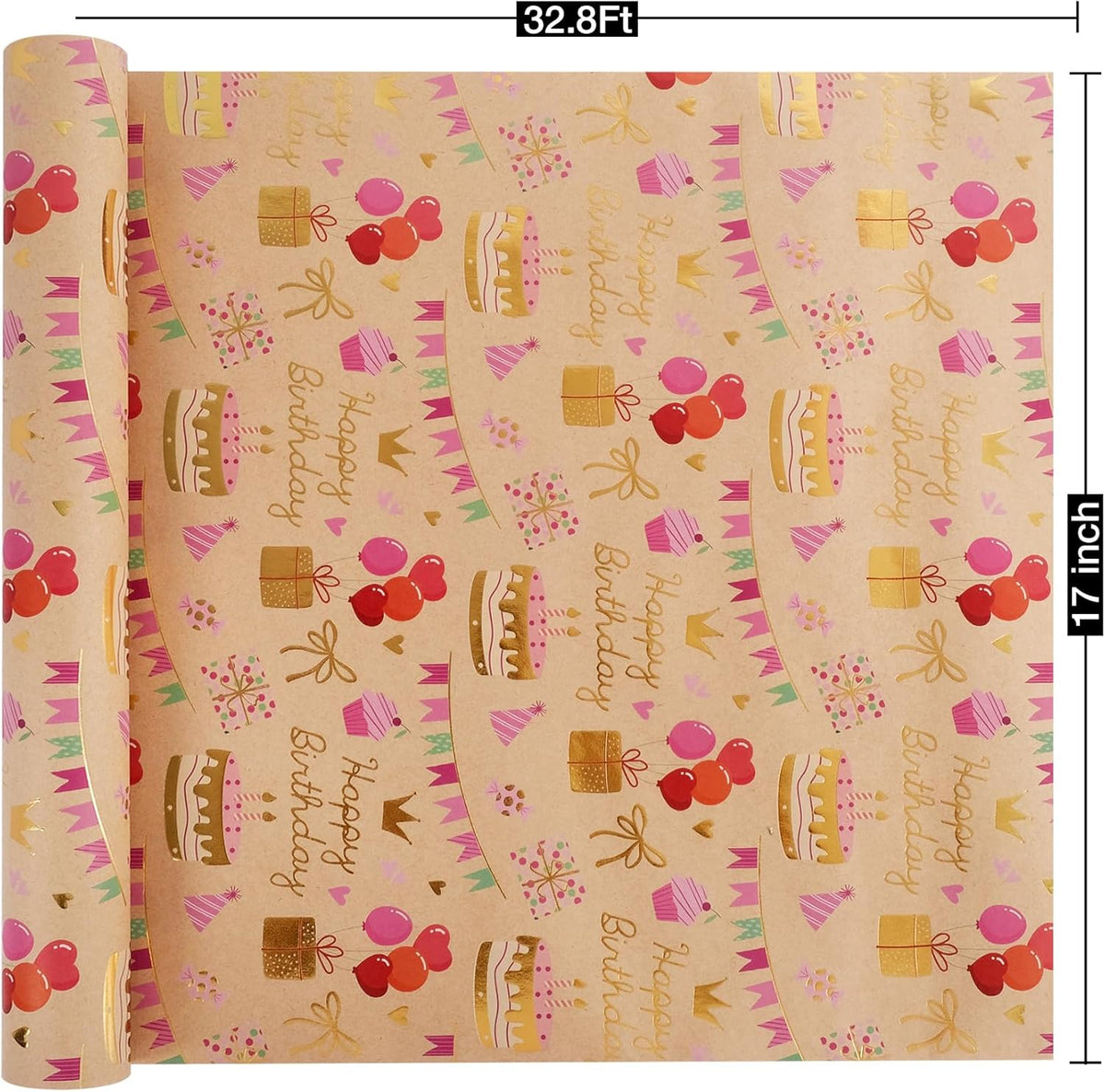 Aimyoo Birthday Wrapping Paper Roll - 17 Inch X 32.8 Feet - Gold Foil Celebration Cake, Gift