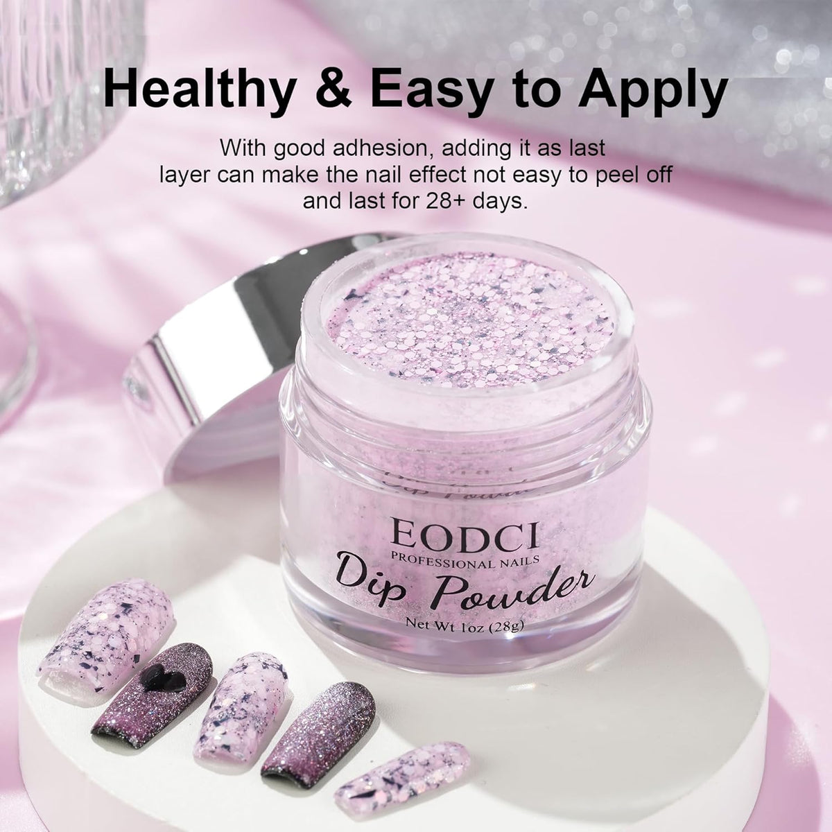 Lavender Glitter Dip Powder, Nail Dipping Powder 1 Oz/28g Purple Colors with Platinum foil for DIY