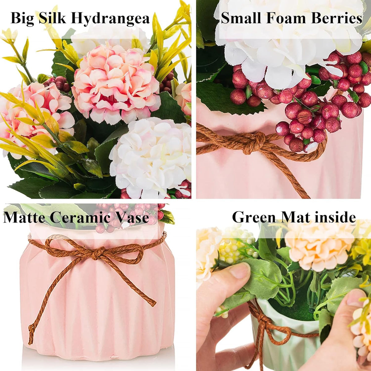BLOSMON Fake Flowers in Vase for Centerpieces: 4 PCS 5.9 Inch Small Artificial Hydrangea with Vase