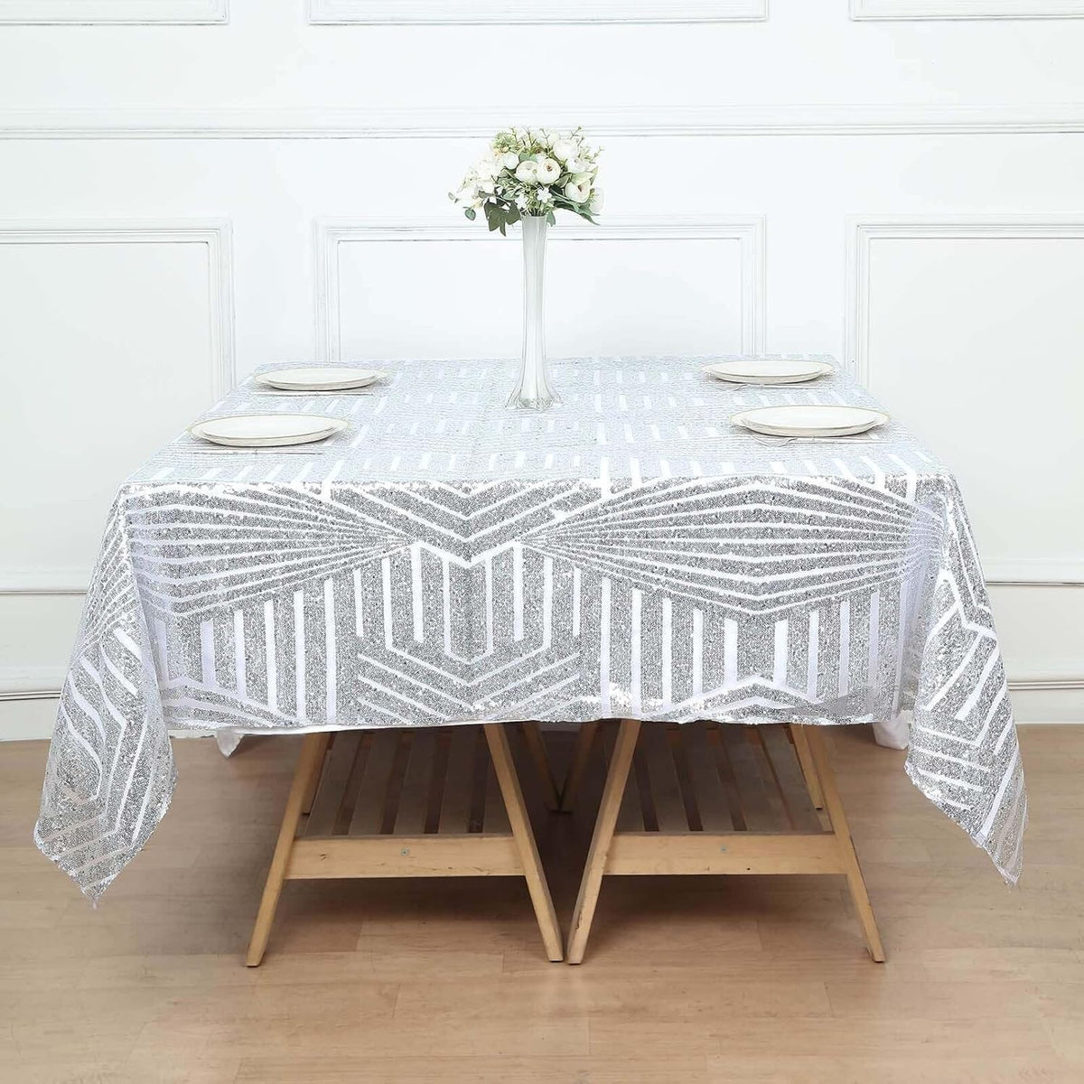 Efavormart 72" Silver Sparkly Sequin Geometric Tulle Square Table Overlay