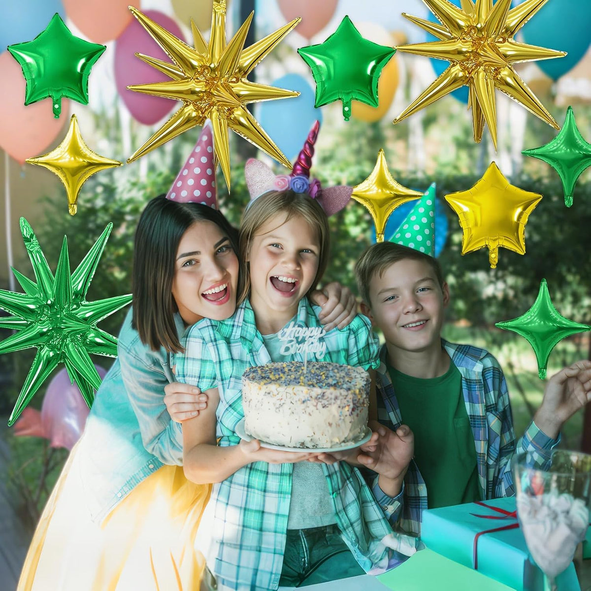 Gold Green Star Balloon,16Pcs Star Foil Balloons Set with 22Inch Explosion Spike Cone Balloons and