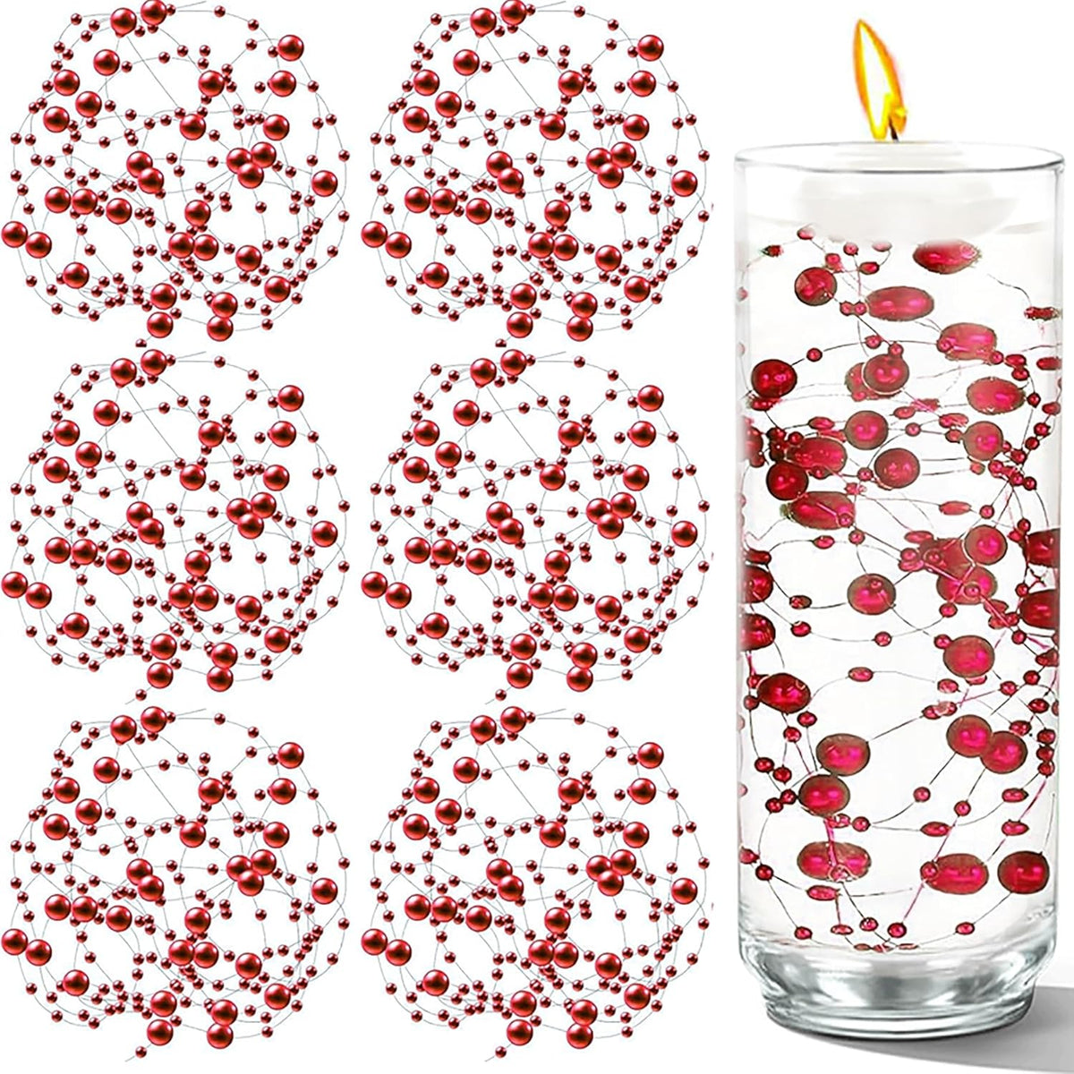 100 PCS Artificial Floating Beads for Centerpieces Vases, Red 8+3mm String Beads for Wedding Party