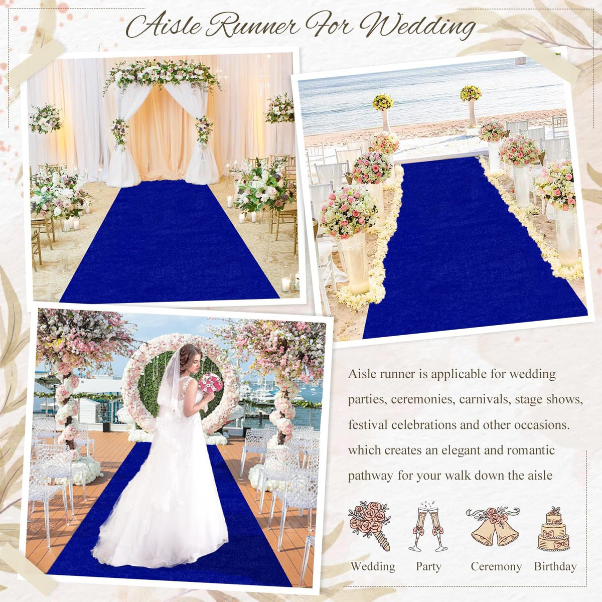 MODFUNS 4FTx15FT Aisle Runner for Wedding Ceremony Royal Blue Velvet Fabric Aisle Runner Include