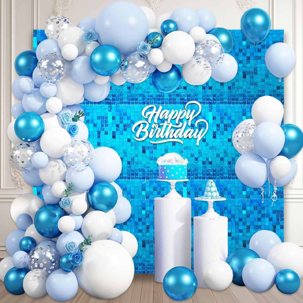 12PCS Lake Blue Shimmer Wall Backdrop, Laser Square Sequin Photo Backdrops Panel, Glitter Wall