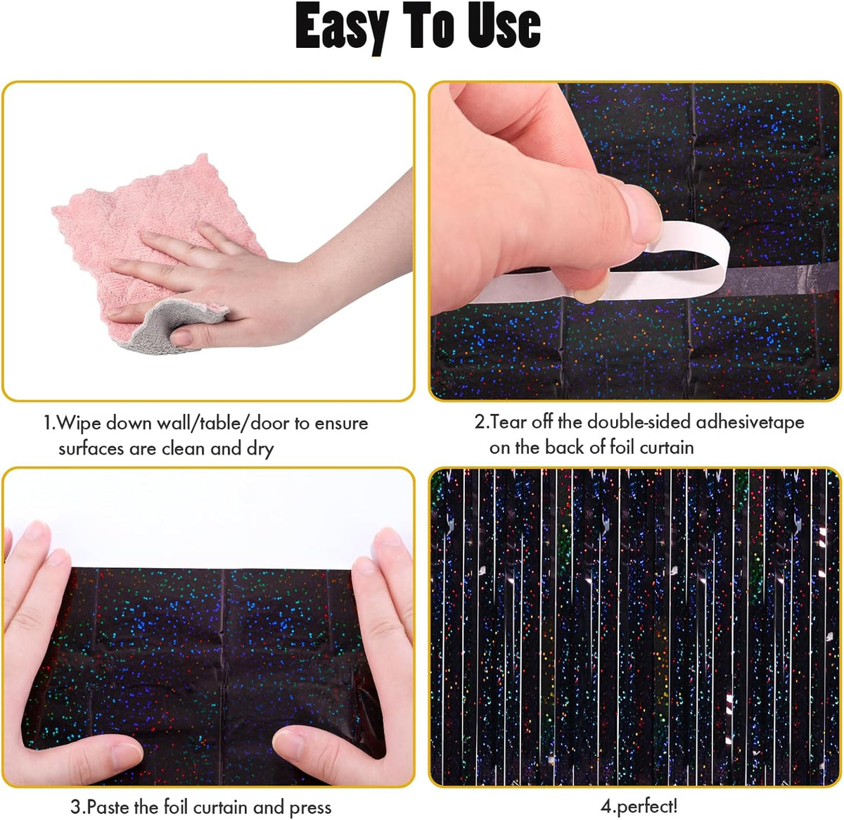 CANREVEL 2 Pack 3.3x8.2 Feet Laser Black Foil Fringe Backdrop Curtains, Tinsel Streamers Birthday