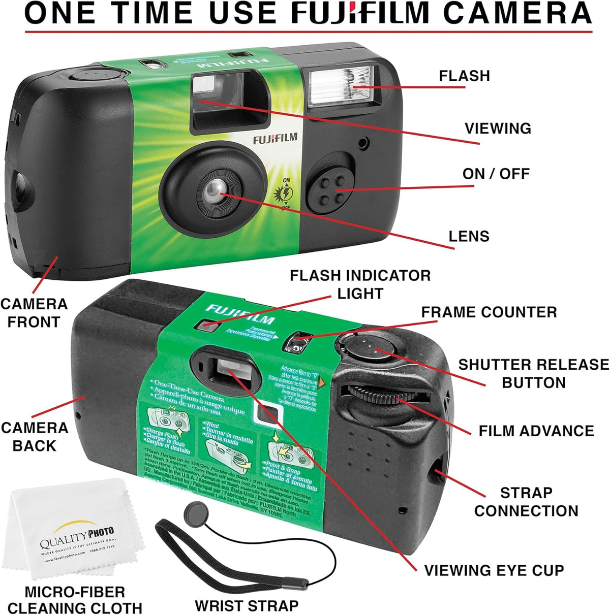 Fujifilm QuickSnap Flash 400 Disposable 35mm Camera + Hand Strap + Quality Photo Microfiber Cloth