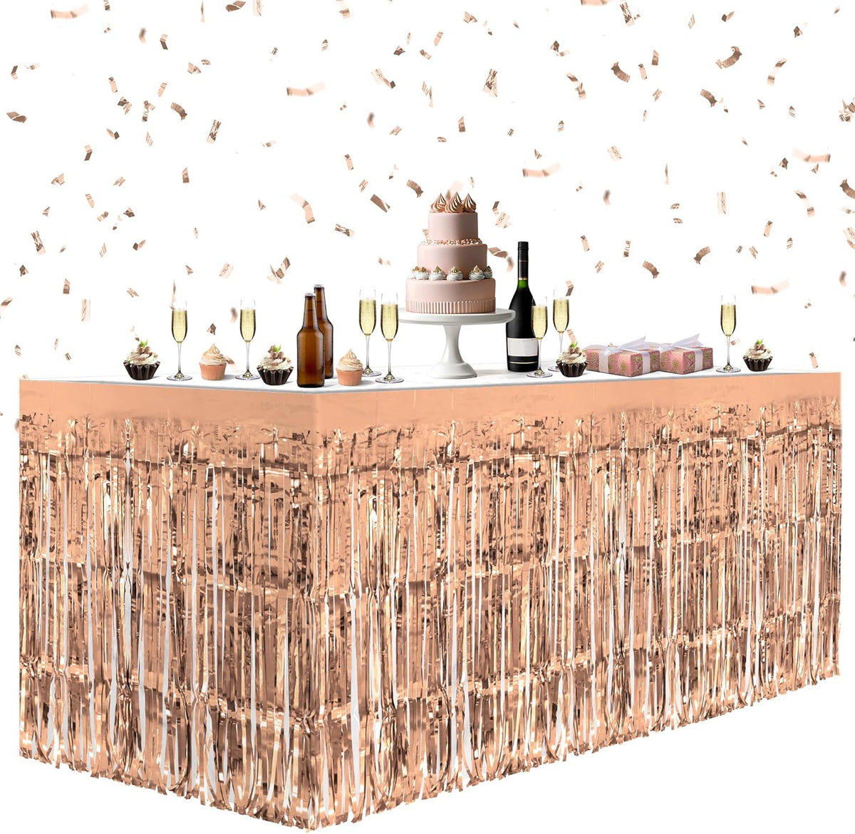 2 Pack Rose Gold Table Skirts, 29x108" Metallic Foil Tinsel Fringe Table Skirts for Rectangle