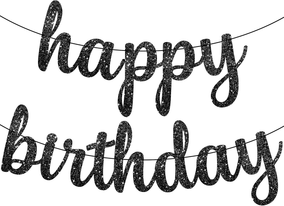KatchOn, Glitter Cursive Black Happy Birthday Banner - Pre-Strung, 10 Feet | Happy Birthday Sign |